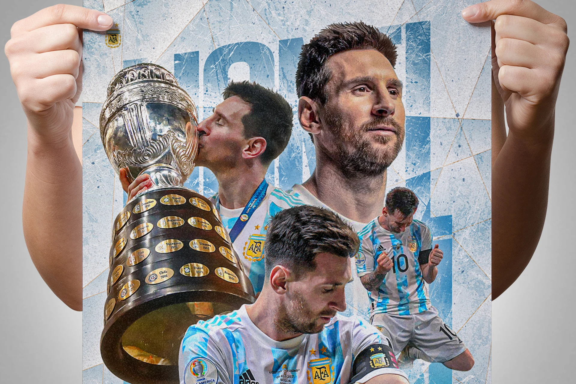 Flyer esportivo com o tema Messi, peça de design gráfico